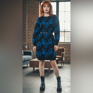 Dressy Tessy Rare 80s Blue and Black Hand Graphic  Sweater Dress